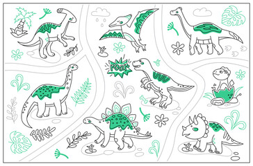 Life of dinosaurs - line design style illustration with characters