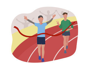 Athletes cross the finish line through a red ribbon. Running competition, marathon distance or sports jogging in the stadium. The runner is the winner. Vector flat illustration.