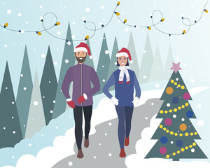 A happy couple of people running in a winter park. Sports training outside in the snow. Runner in motion. Running and fitness every day in all weathers. Santa Claus Christmas hat and decorated tree