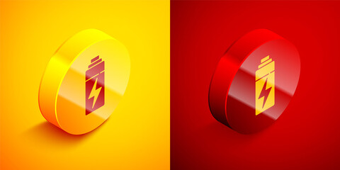 Isometric Battery icon isolated on orange and red background. Lightning bolt symbol. Circle button. Vector.
