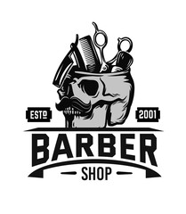 barber logo with skull and barber tools emblem