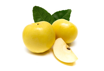 Organic Chinese pear or Korean snow pear and a half on white isolated background. Ripe Japanese nashi have golden color, sweet taste, crisp and juicy. Delicious fresh fruit concept.