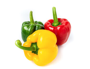 three bell peppers isolated on white background. Fresh vegetables Three sweet Red, Yellow, Green Peppers. vegan food concept. healthy eating