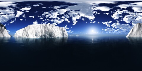 icebergs in the ocean, HDRI, environment map , Round panorama, spherical panorama, equidistant projection, 360 high resolution panorama 
3d rendering,