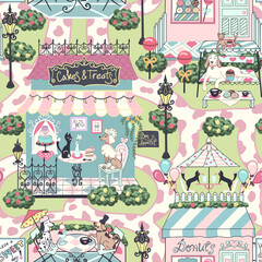 Seamless repeated surface vector pattern design with pastel cafes and bakeries for pets © Alex