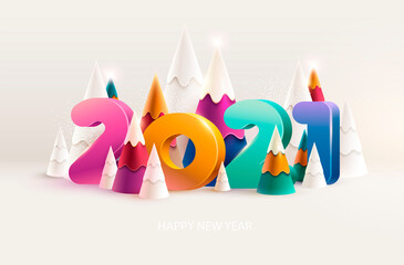 New Years 2021. Greeting card with christmas tree and colorful date.