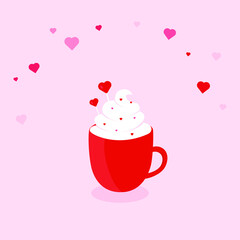 Valentine hot chocolate with cream on a pink background with hearts. 