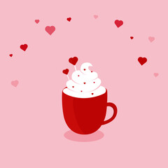 Valentine hot chocolate with cream on a pink background with hearts. 