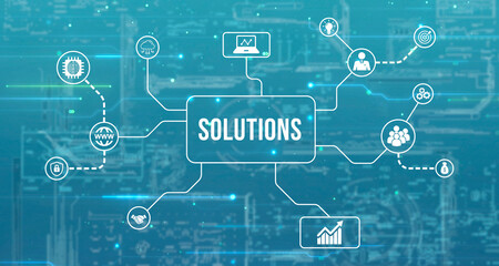 Internet, business, Technology and network concept.virtual screen of the future and sees the inscription: Solutions