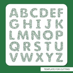 Stencil with the English alphabet. Letters are made with a pattern of leaves. Eco sign, icon, logo for organic, natural products. Plants theme. Template for plotter laser cutting of paper, cardboard.