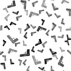 Black Pistol or gun icon isolated seamless pattern on white background. Police or military handgun. Small firearm. Vector.