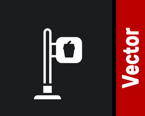 White Cafe and restaurant location icon isolated on black background. Fork and spoon eatery sign inside pinpoint. Vector..