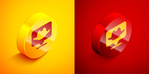 Isometric Location pirate icon isolated on orange and red background. Circle button. Vector.
