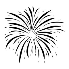 Fireworks burst black symbol. Silhouette icon of sparkle fall after petard explosion. Great for happy new year or independence day graphic design. Vector illustration isolated on white background.
