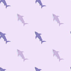 Minimalistic fauna shark seamless doodle pattern. Purple pastel aqua print.