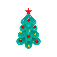 Decorated Christmas tree with star, balls and snowflakes. Merry Christmas card