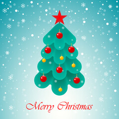 Greeting card with Christmas tree decorated with colorful balls, snowflakes, gifts and star. Vector illustration.