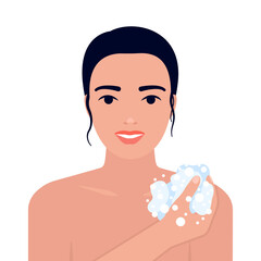 Young woman takes shower, washes. Girl lathers body with sponge and soap. Bathroom procedure, body hygiene, washing. Vector illustration