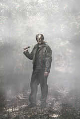 cosplay, thriller, killer, edged weapon, blood, revenge, hate, man, fog, mist
