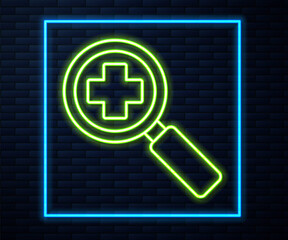 Glowing neon line Magnifying glass for search medical icon isolated on brick wall background. Hospital search. Vector Illustration.