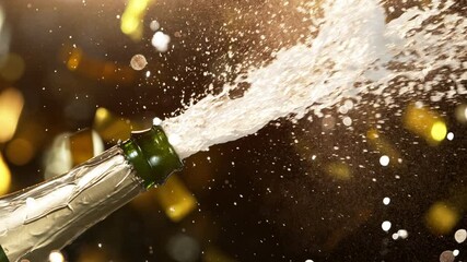 Super slow motion of Champagne explosion with flying cork closure and fireworks, opening champagne bottle closeup. - Powered by Adobe