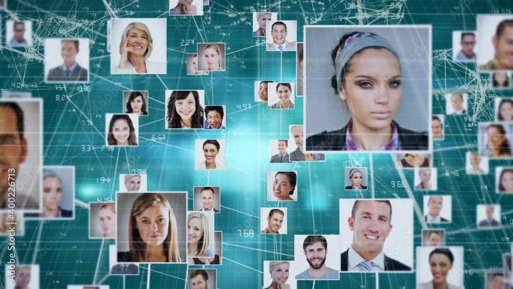 Poster digital animation of network of multiple profile icons against green background