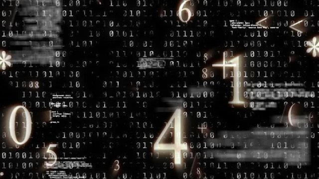 Digital animation of mathematical symbols and numbers against binary coding data processing