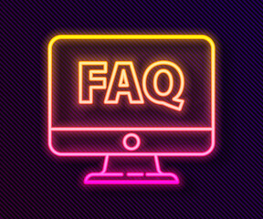 Glowing neon line Computer monitor and FAQ icon isolated on black background. Adjusting, service, setting, maintenance, repair, fixing. Vector Illustration.