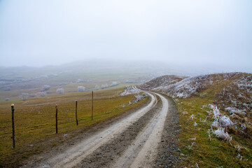 a dirt road on a foggy field