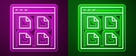 Glowing neon line Browser files icon isolated on purple and green background. Vector.