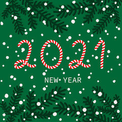 Happy New Year 2021 card. Vector illustration of red and white garland calligraphic numbers 2021. Festive poster, banner design. Composition for holidays flyer, greetings and  christmas invitations