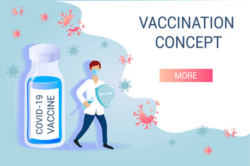 Vector banner on the topic of vaccination against coronavirus. A vaccine against coronavirus. A doctor with a shield and a syringe fights viruses. Destruction of viruses.