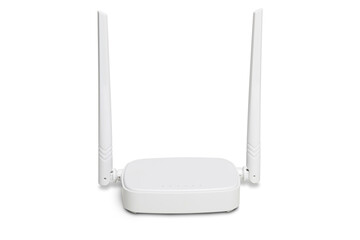 Modern wireless wi-fi router with two antennas isolated on white background
