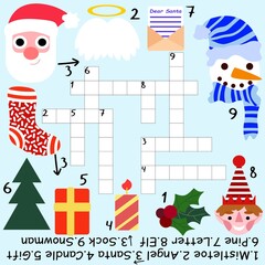 Educational Christmas crossword for kids stock vector illustration. Funny childish crossword with Santa, snowman, elf and more. Bold colors cartoon winter holidays word game for printing and enjoy