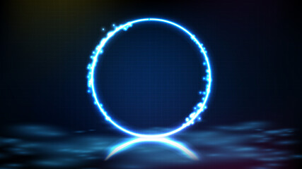 abstract futuristic background of blue neon circle round frame