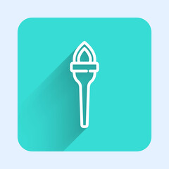 White line Torch flame icon isolated with long shadow. Symbol fire hot, flame power, flaming and heat. Green square button. Vector.