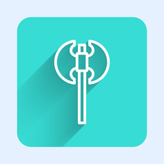 Fototapeta premium White line Medieval axe icon isolated with long shadow. Battle axe, executioner axe. Medieval weapon. Green square button. Vector.