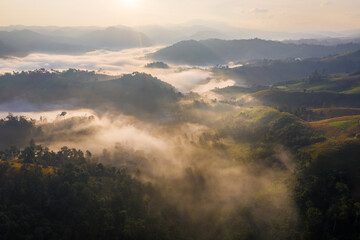 Aerial view of misty mountain landscape in morning in Tak province Thailand