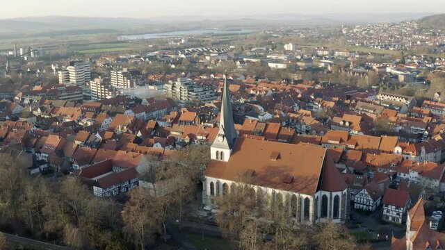 Drone aerial of the city center of Northeim in Niedersachsen Lower Saxony during lockdown of the second covid 19 wave. Empty Streets and a very quite centrum of this historic and traditional old town.