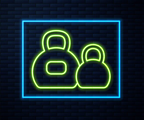 Glowing neon line Kettlebell icon isolated on brick wall background. Sport equipment. Vector.