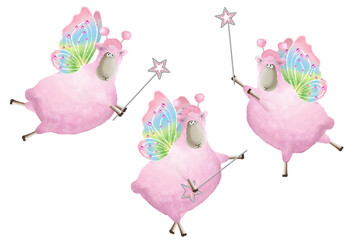 Cute pink sheep with wings and magic wand. Stickers set on white background