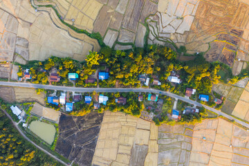 Top view of rural village surrounded by rice field in Nan province, Thailand