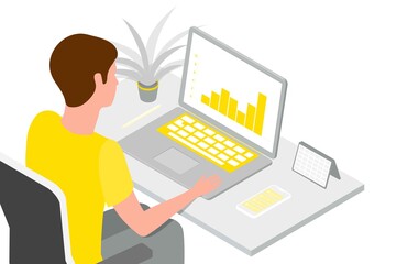 a man sits at a computer table and analyzes statistics, works with data, a programmer. Isometric illustration