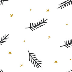 Fototapeta na wymiar Christmas vector seamless pattern with coniferous branches. Cute hand drawn seamless pattern with fir branches and stars. Great for christmas banners, wallpapers, wrapping, textiles design.