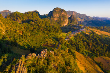 Aerial view of beautiful morning scene of mountain range in Bang Cha Po or Ban cha Bo village gi in Pang ma pha district in Mae Hong Son, Thailand