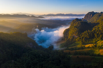 Aerial view of beautiful morning scene of mountain range in Bang Cha Po or Ban cha Bo village gi in Pang ma pha district in Mae Hong Son, Thailand