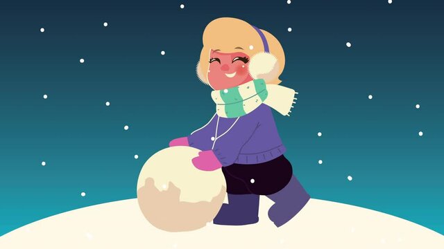 girl wearing winter clothes playing with snowball in the snowscape night scene