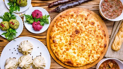 Georgian cuisine foodset from khachapuri, khinkali, pkhali, dolma, lobio top view