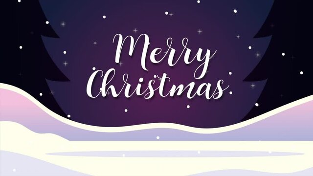 happy merry christmas lettering animation with snowscape scene