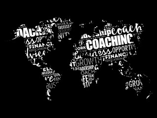Coaching word cloud in shape of world map, business concept background